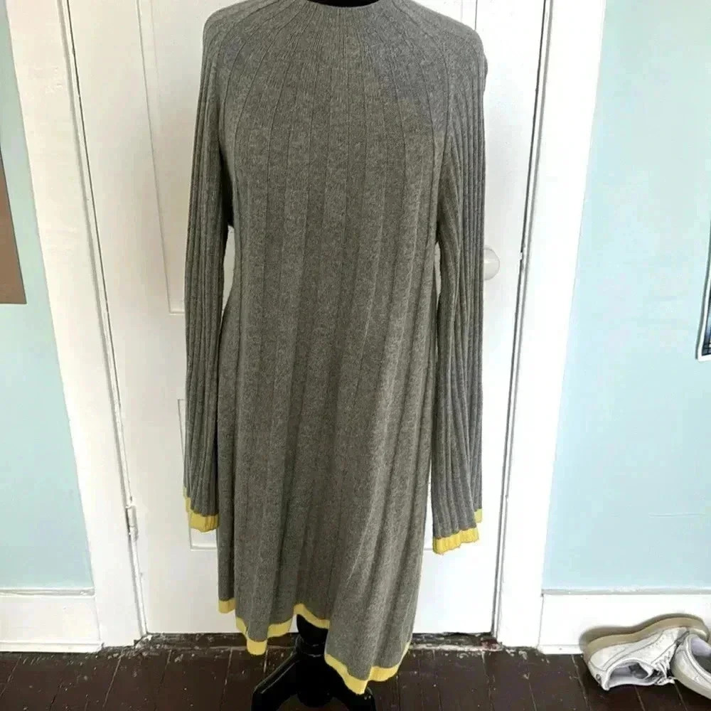 Anthropologie wool grey neon yellow, long sleeve mock turtleneck sweater dress L